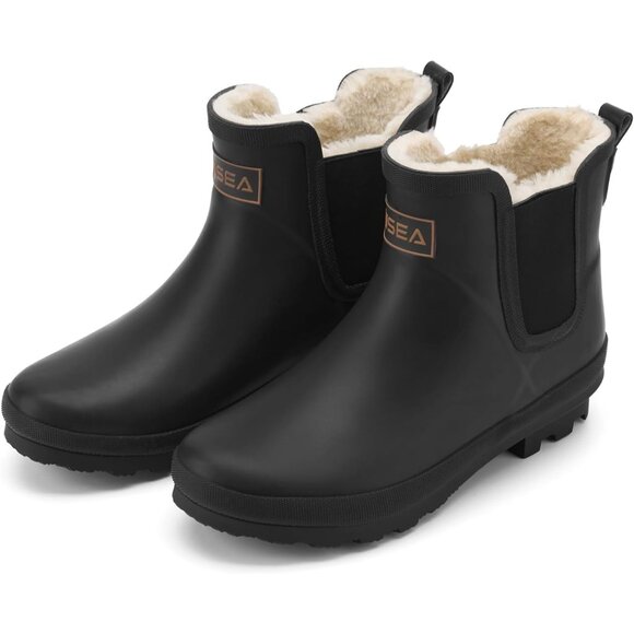 ⚡Women's Black Pull On Plush Rain Ankle Snow Boots Waterproof Chelsea Rubber - Picture 2 of 7